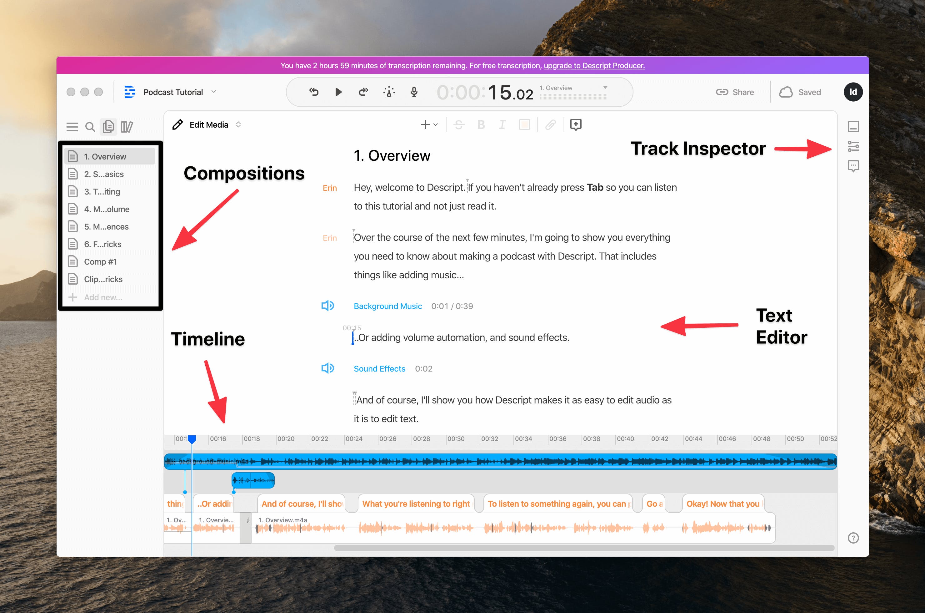 Screen shoot of Descript's Project Workspace with arrows pointing to the different elements