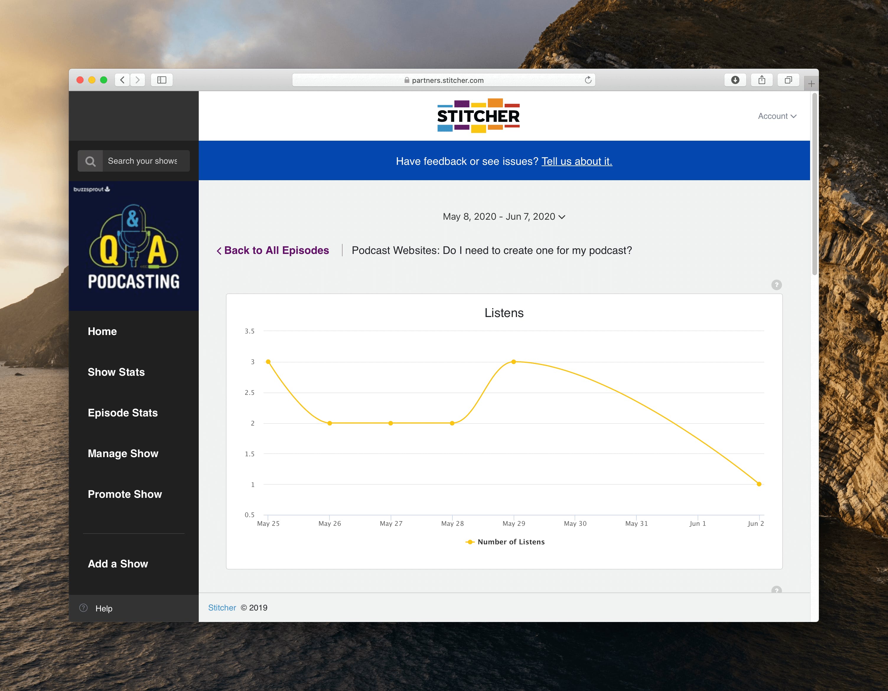 The Listen chart with a yellow line depicting the number of listens over the last 30 days