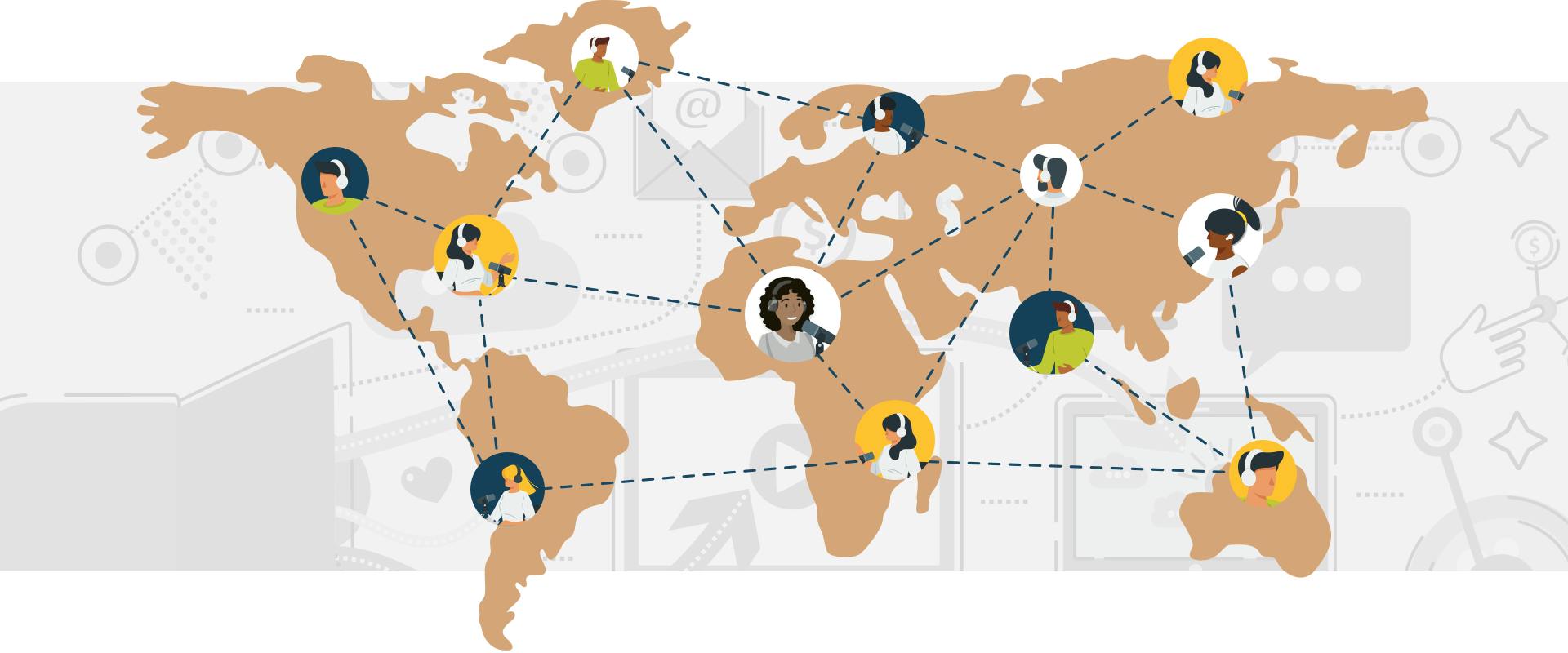 Map of the world with podcasters in every continent connected by a dotted line 