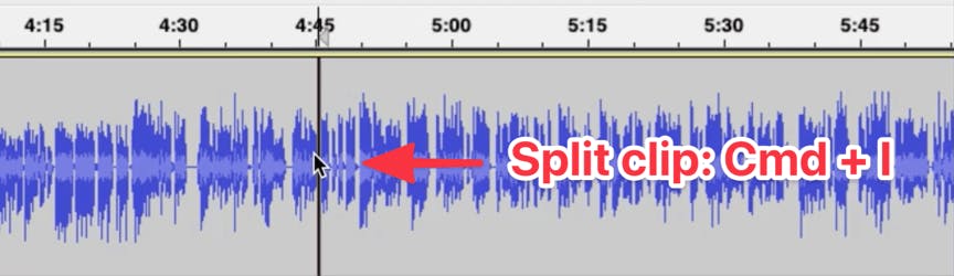Red arrow point to split clip with keyboard short cut in red text