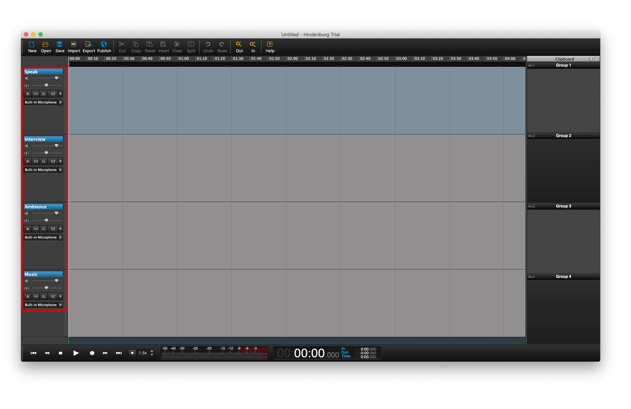 Hindenburg workspace with track settings highlighted