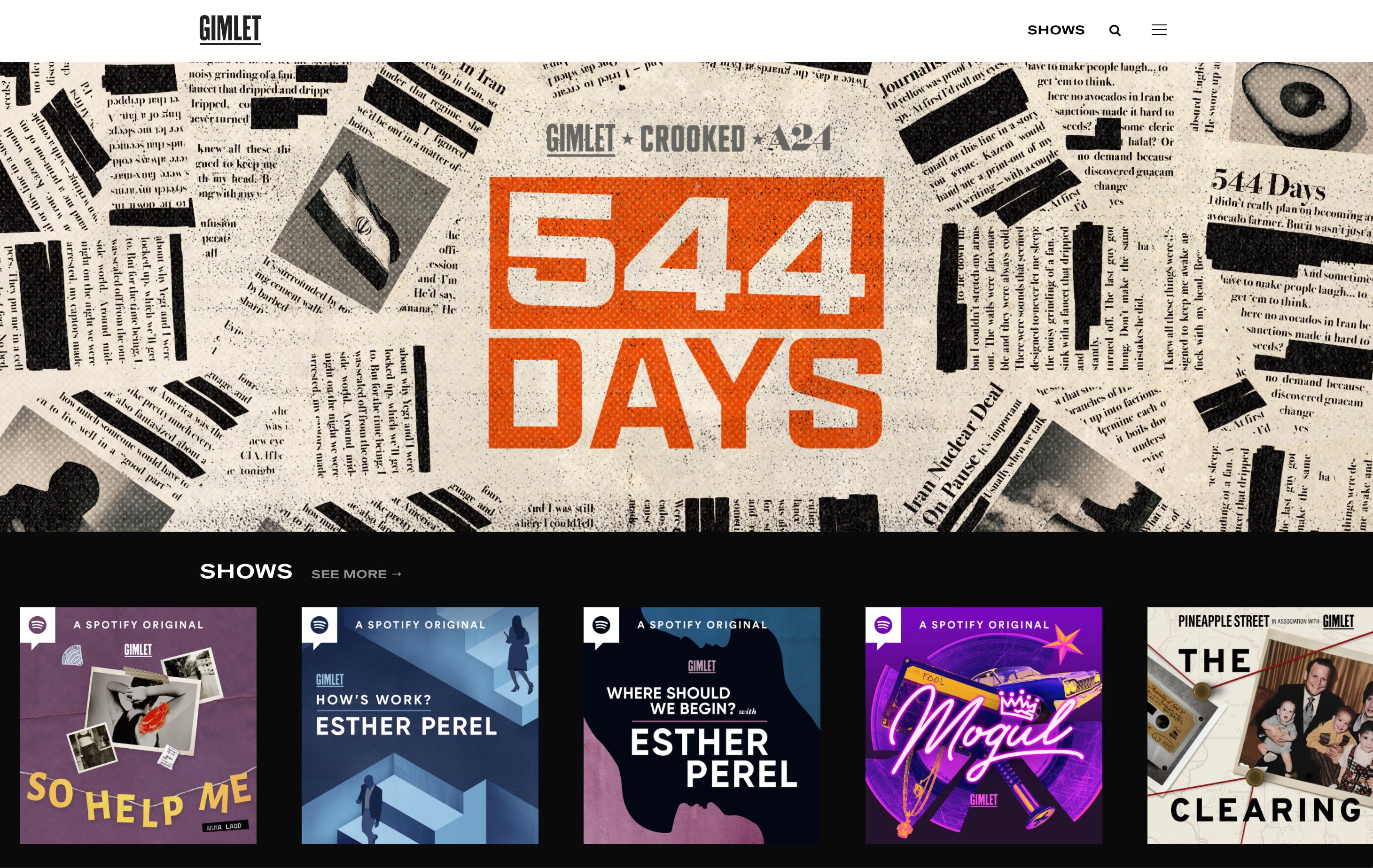 Gimlet Media homepage featuring podcast artwork for the 544 Days podcast